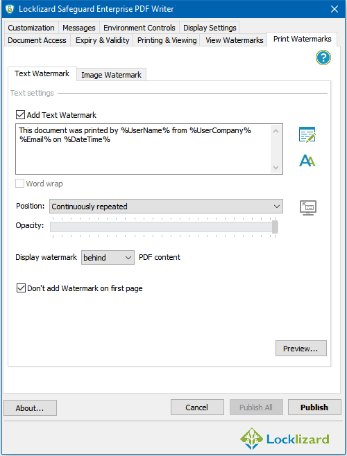 screenshot of Lizard Safeguard PDF Security